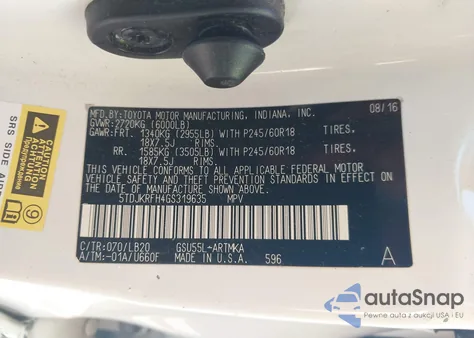 2016 Toyota Highlander Xle V6 from USA, damaged, VIN 5TDJKRFH4GS319635